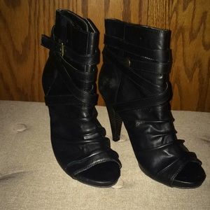 Black Leather Peep Toe Ankle Boots